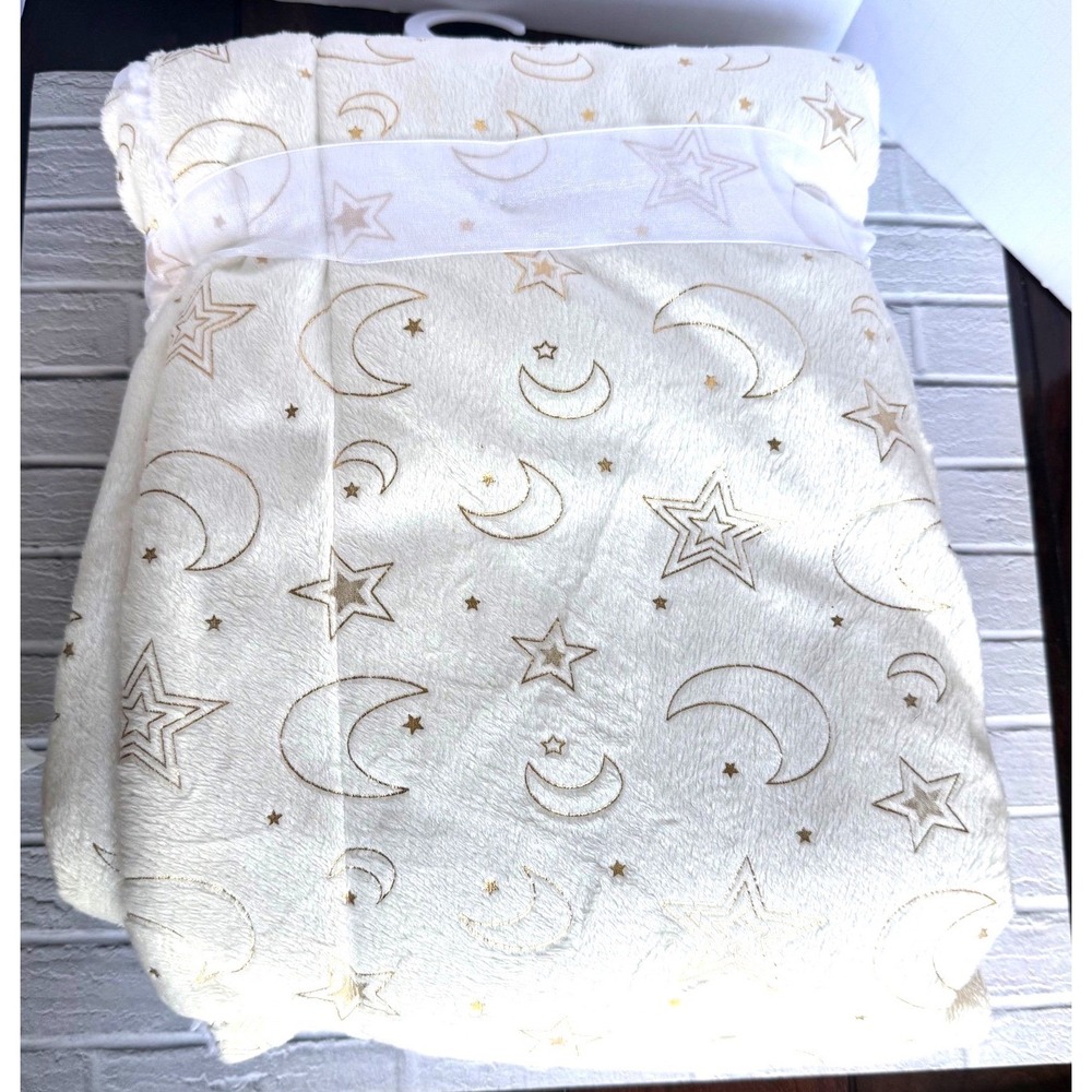 S.L. Home Fashions Baby Blanket Gold Stars Moon Celestial Sherpa Cream 30x39"